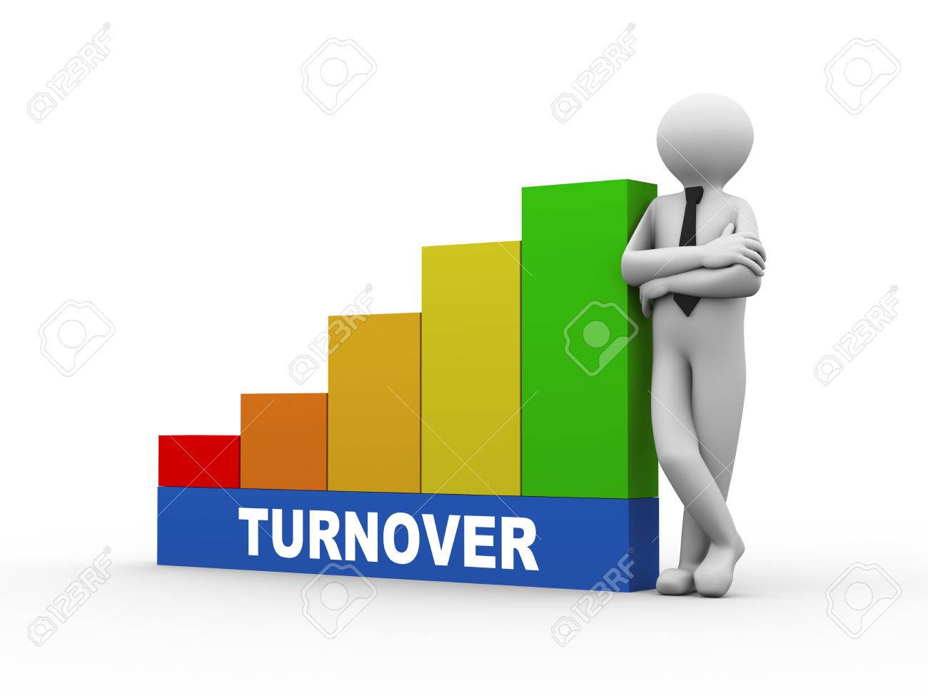 3d illustration of business person with turnover progress growth rising bars. 3d human person character and white people
